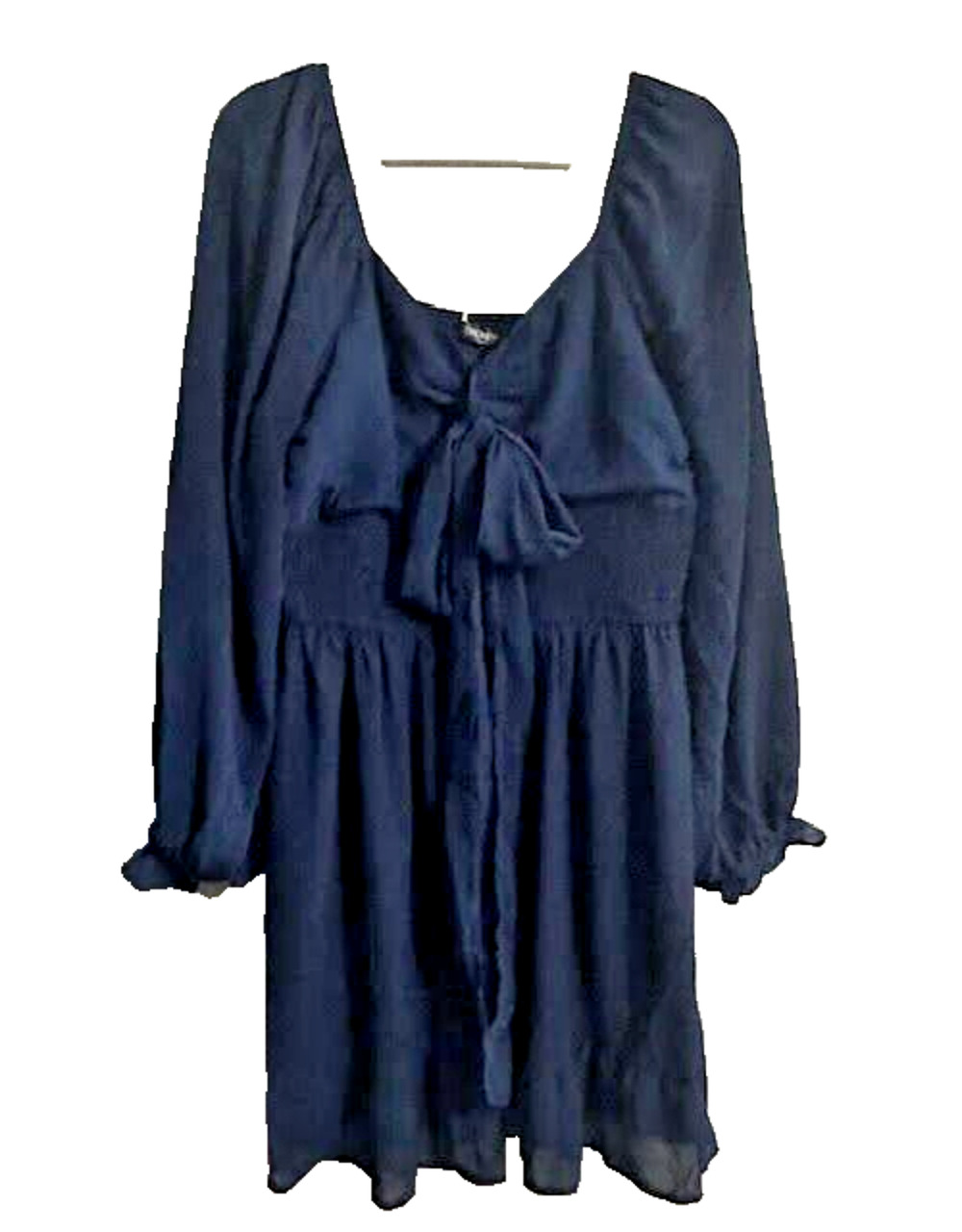 Tecrew Womens Long Sleeve Smocked Waist Bow Front Chiffon Dress Navy Blue XL NWT